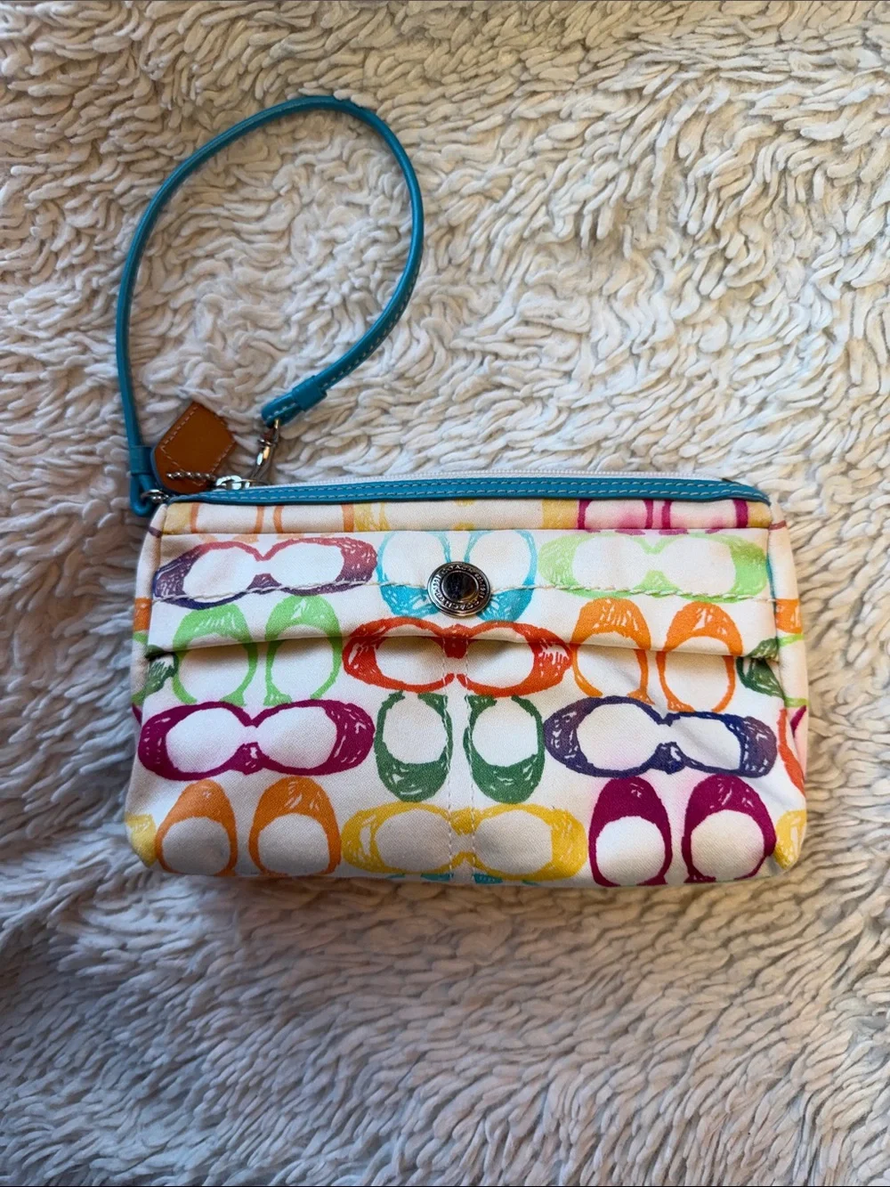 Vintage Coach Poppy Scribble Wristlet/Clutch~Aqua Leather/Soft Canvas